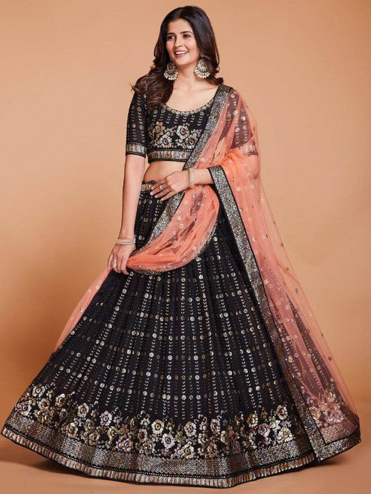 Plushy Brown Sequins Georgette Engagement Wear Lehenga Choli - Zeel Clothing