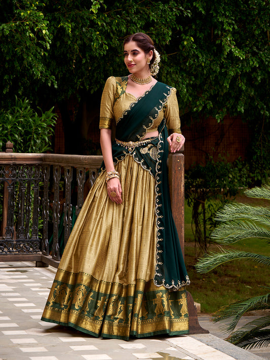 Cream Color Zari Weaving Work Poly Cotton Lehenga Choli