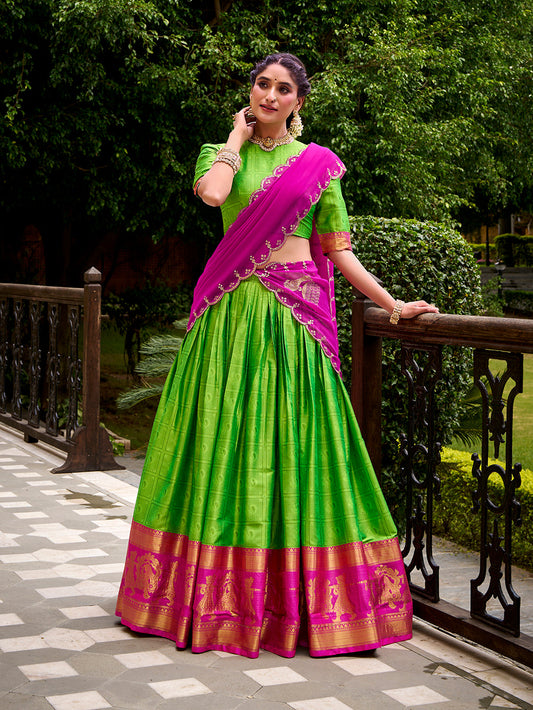 Parrot Color Zari Weaving Work Poly Cotton Lehenga Choli
