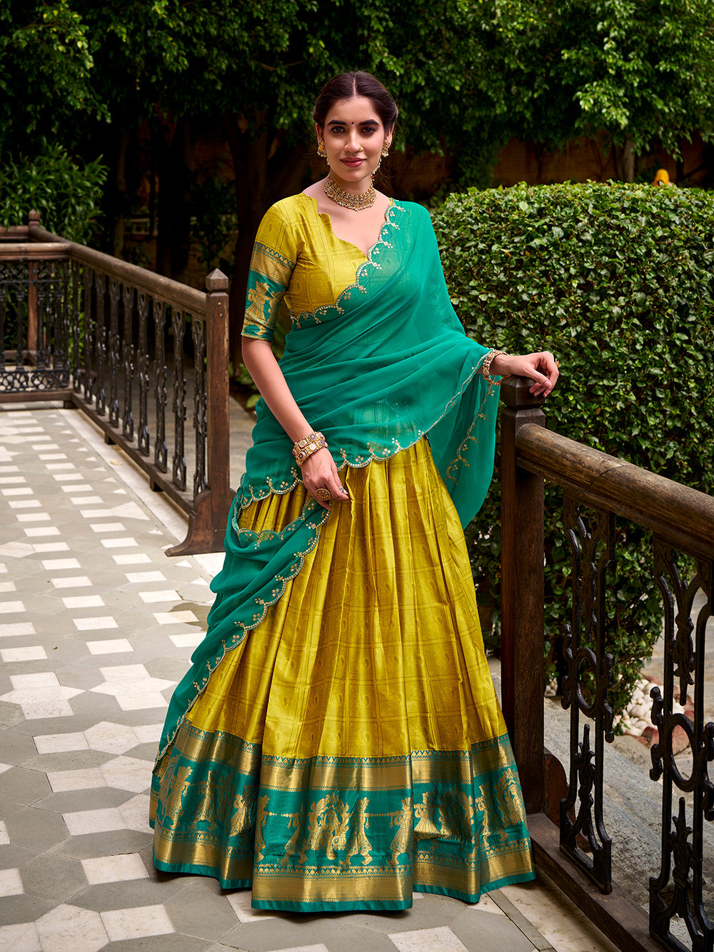 Yellow Color Zari Weaving Work Poly Cotton Lehenga Choli