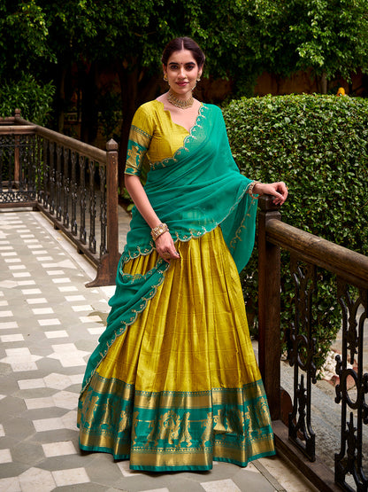 Yellow Color Zari Weaving Work Poly Cotton Lehenga Choli