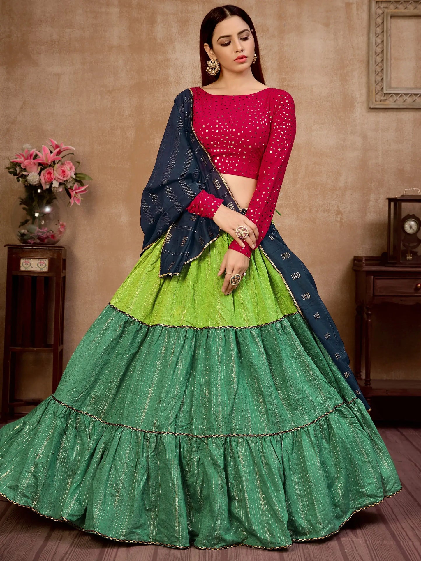 Precious Green Zari Work Cotton Wedding Lehenga Choli With Dupatta - Zeel Clothing