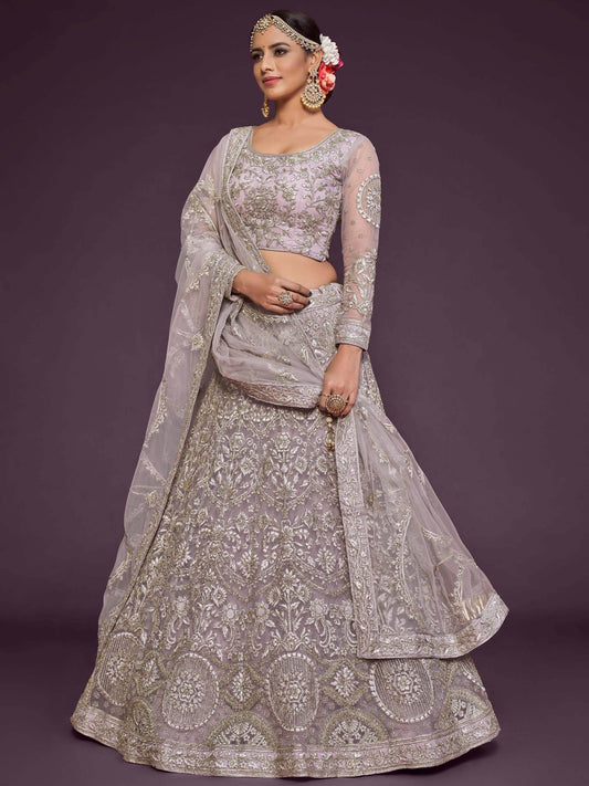 Precious Lilac Embroidered Soft Net Lehenga Choli With Dupatta - Zeel Clothing