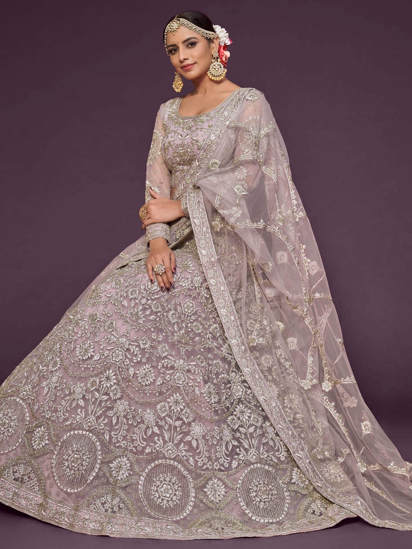Precious Lilac Embroidered Soft Net Lehenga Choli With Dupatta - Zeel Clothing