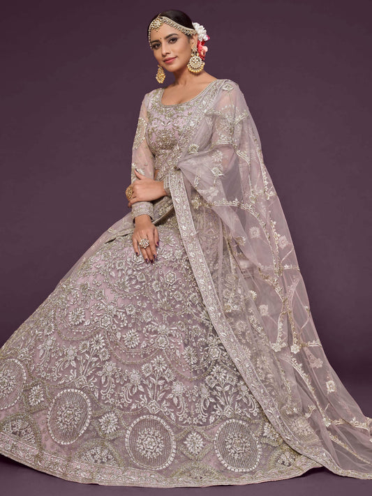 Precious Lilac Embroidered Soft Net Lehenga Choli With Dupatta - Zeel Clothing