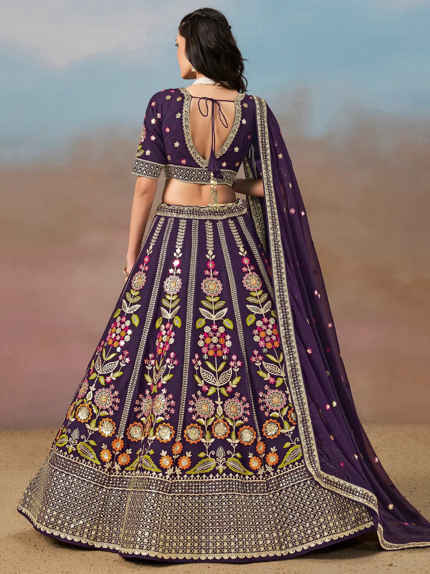 Precious Purple Thread Embroidered Georgette Bridesmaid Lehenga Choli - Zeel Clothing