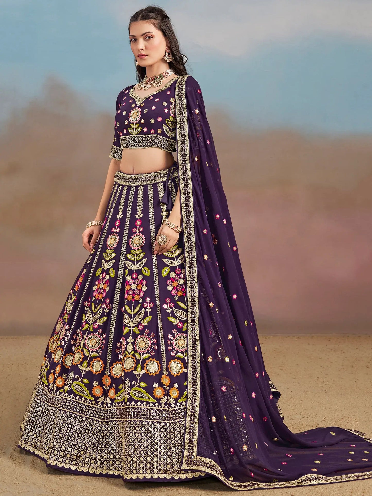 Precious Purple Thread Embroidered Georgette Bridesmaid Lehenga Choli - Zeel Clothing