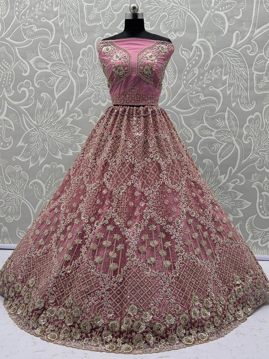 Precious Rose Pink Zircon Work Net Bridesmaid Lehenga Choli With Dupatta - Zeel Clothing