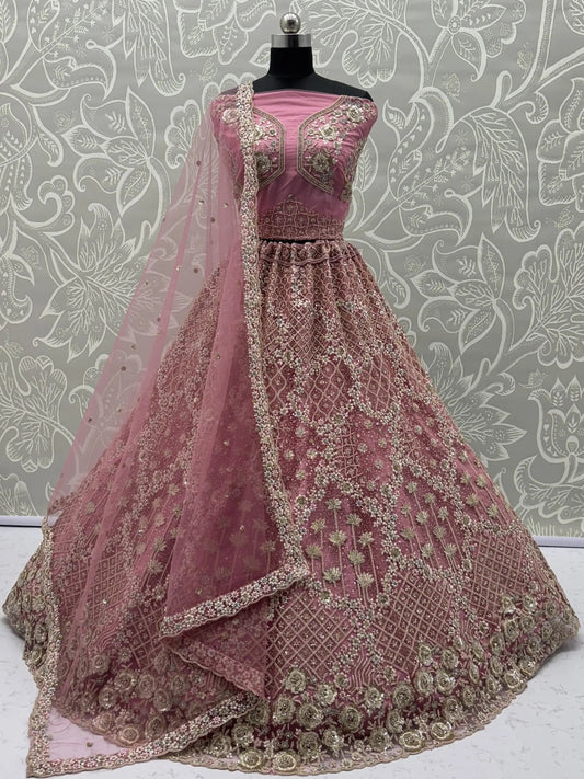 Precious Rose Pink Zircon Work Net Bridesmaid Lehenga Choli With Dupatta - Zeel Clothing