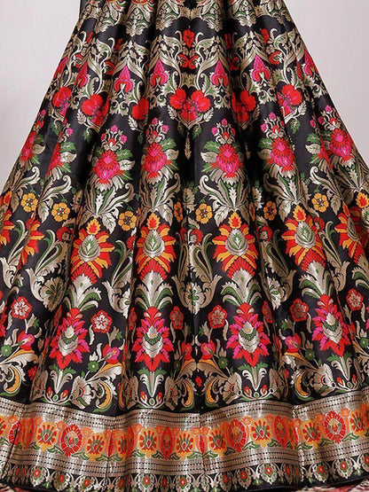 Pretty Black Zari Weaving Banarasi Silk Indo-Western Crop Top Lehenga - Zeel Clothing