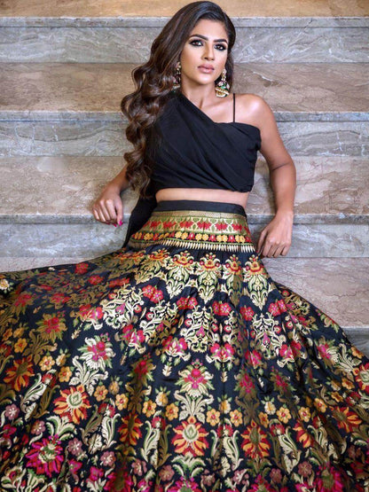 Pretty Black Zari Weaving Banarasi Silk Indo-Western Crop Top Lehenga - Zeel Clothing