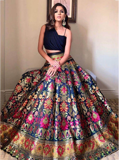 Pretty Black Zari Weaving Banarasi Silk Indo-Western Crop Top Lehenga - Zeel Clothing