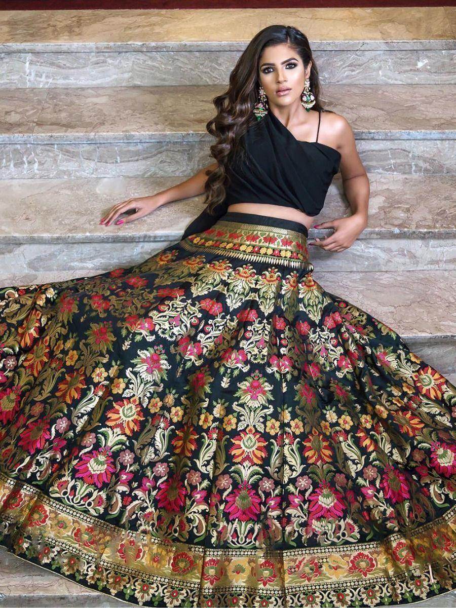 Pretty Black Zari Weaving Banarasi Silk Indo-Western Crop Top Lehenga - Zeel Clothing