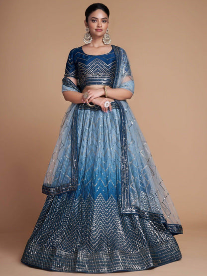 Pretty Blue Sequins Chinon Festive Wear Lehenga Choli With Dupatta - Zeel Clothing