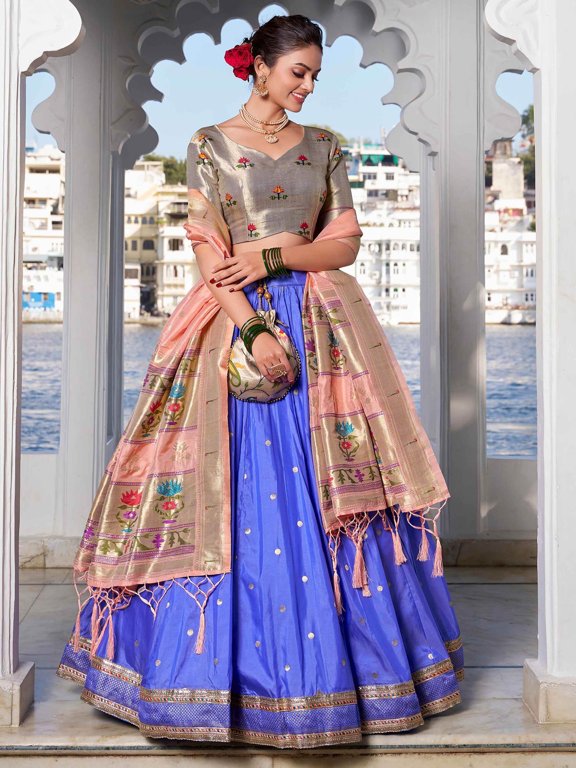 Pretty Blue Zari Weaving Silk Traditional Lehenga Choli With Dupatta - Zeel Clothing