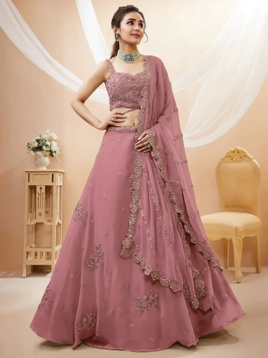 Pretty Dusty Pink Sequins Georgette Lehenga Choli With Dupatta - Zeel Clothing