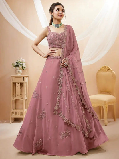 Pretty Dusty Pink Sequins Georgette Lehenga Choli With Dupatta - Zeel Clothing
