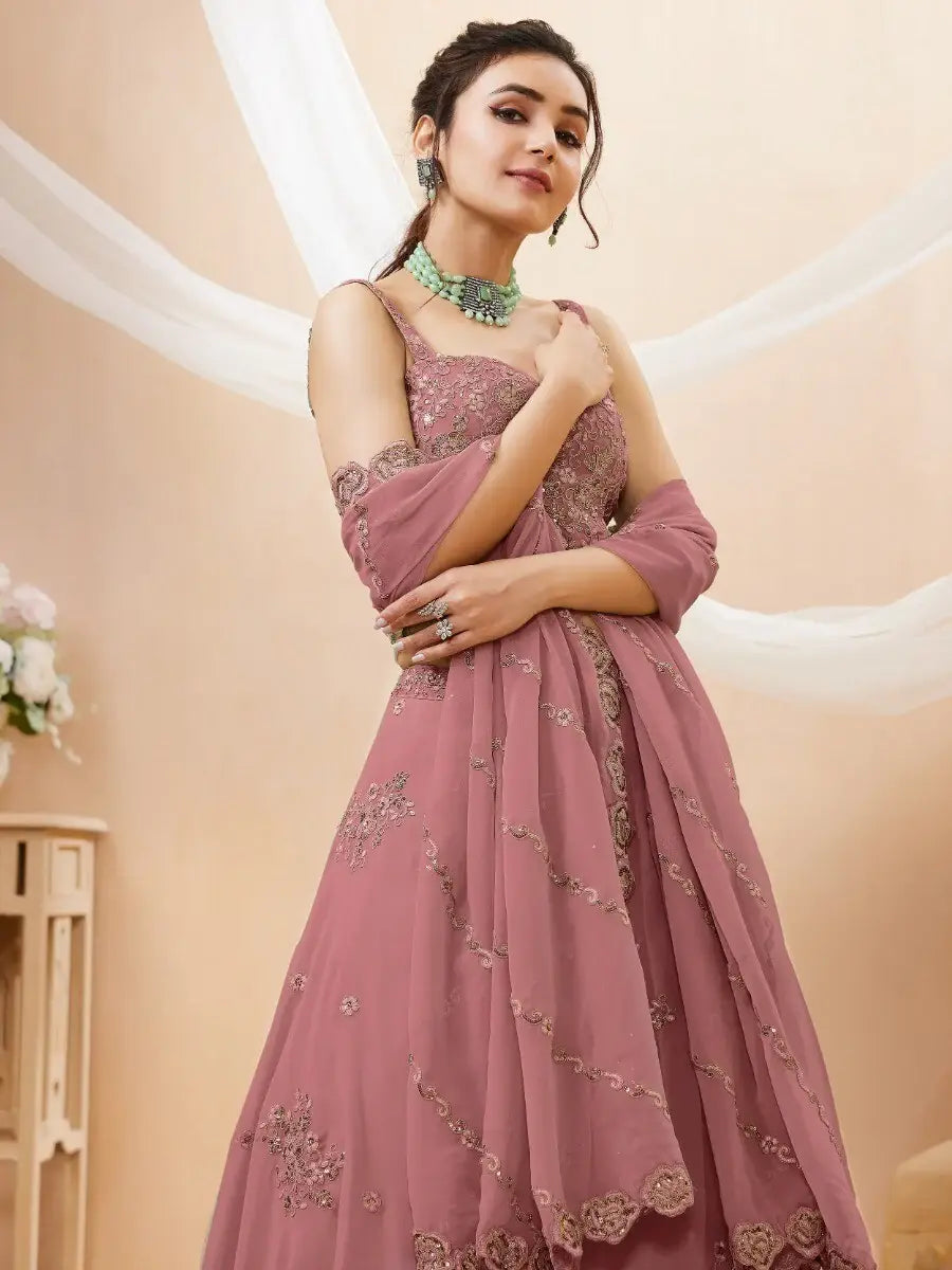 Pretty Dusty Pink Sequins Georgette Lehenga Choli With Dupatta - Zeel Clothing