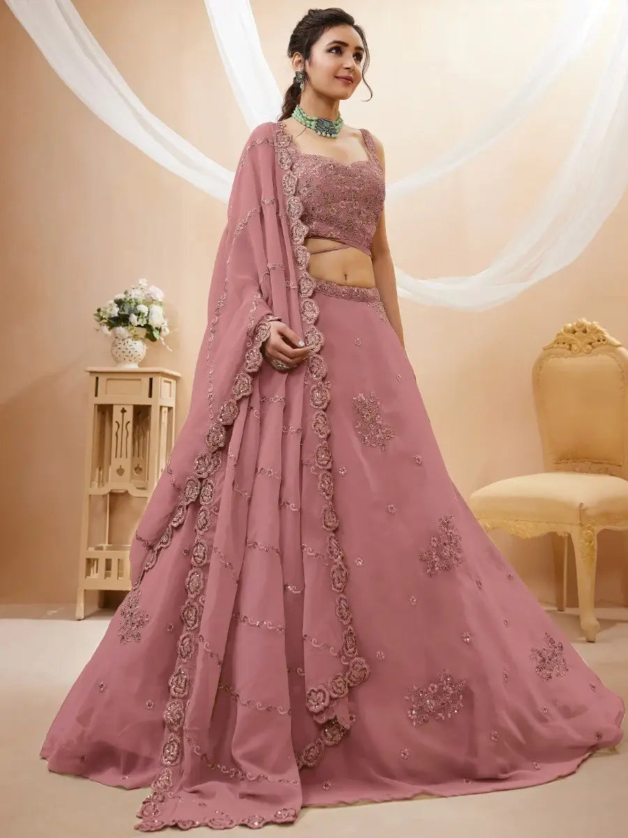 Pretty Dusty Pink Sequins Georgette Lehenga Choli With Dupatta - Zeel Clothing