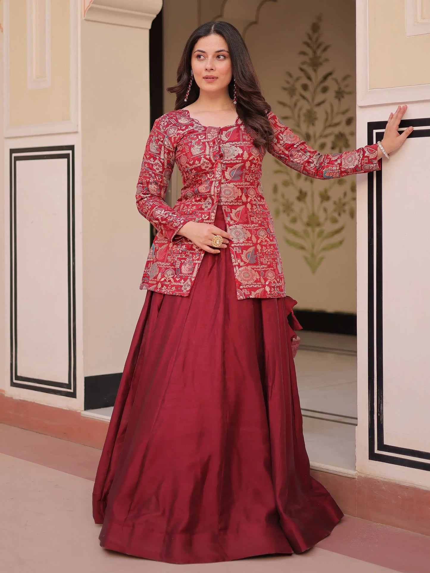 Pretty Maroon Zari Weaving Vichitra Silk Wedding Wear Lehenga With Jacket - Zeel Clothing