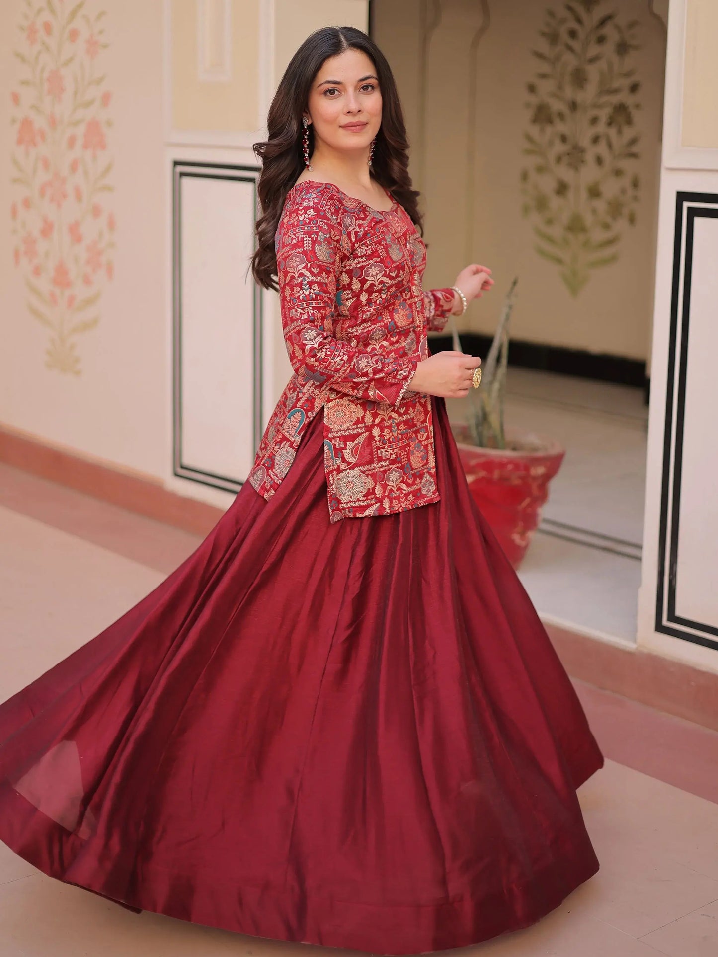 Pretty Maroon Zari Weaving Vichitra Silk Wedding Wear Lehenga With Jacket - Zeel Clothing