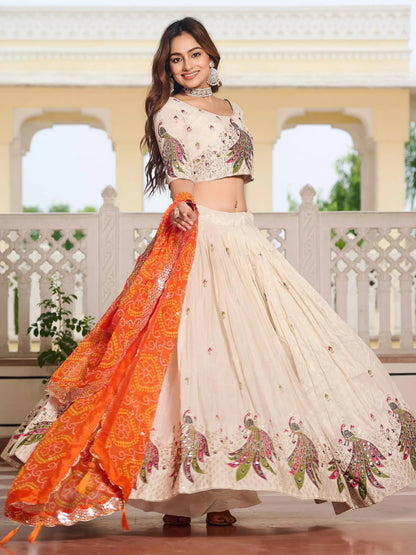 Pretty Off-White Thread Work Tissue Silk Traditional Lehenga Choli With Orange Dupatta - Zeel Clothing