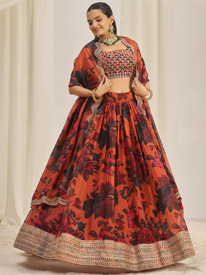 Pretty Orange Sequins Organza Engagement Wear Lehenga Choli - Zeel Clothing