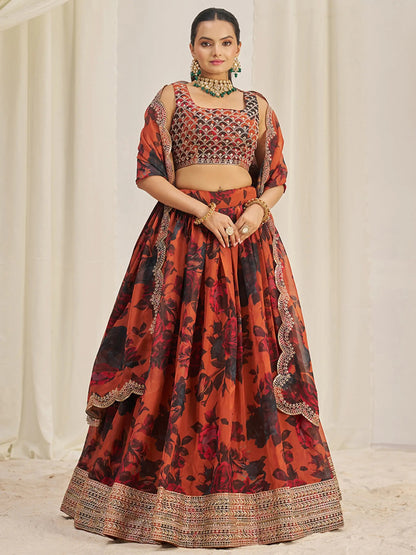 Pretty Orange Sequins Organza Engagement Wear Lehenga Choli - Zeel Clothing
