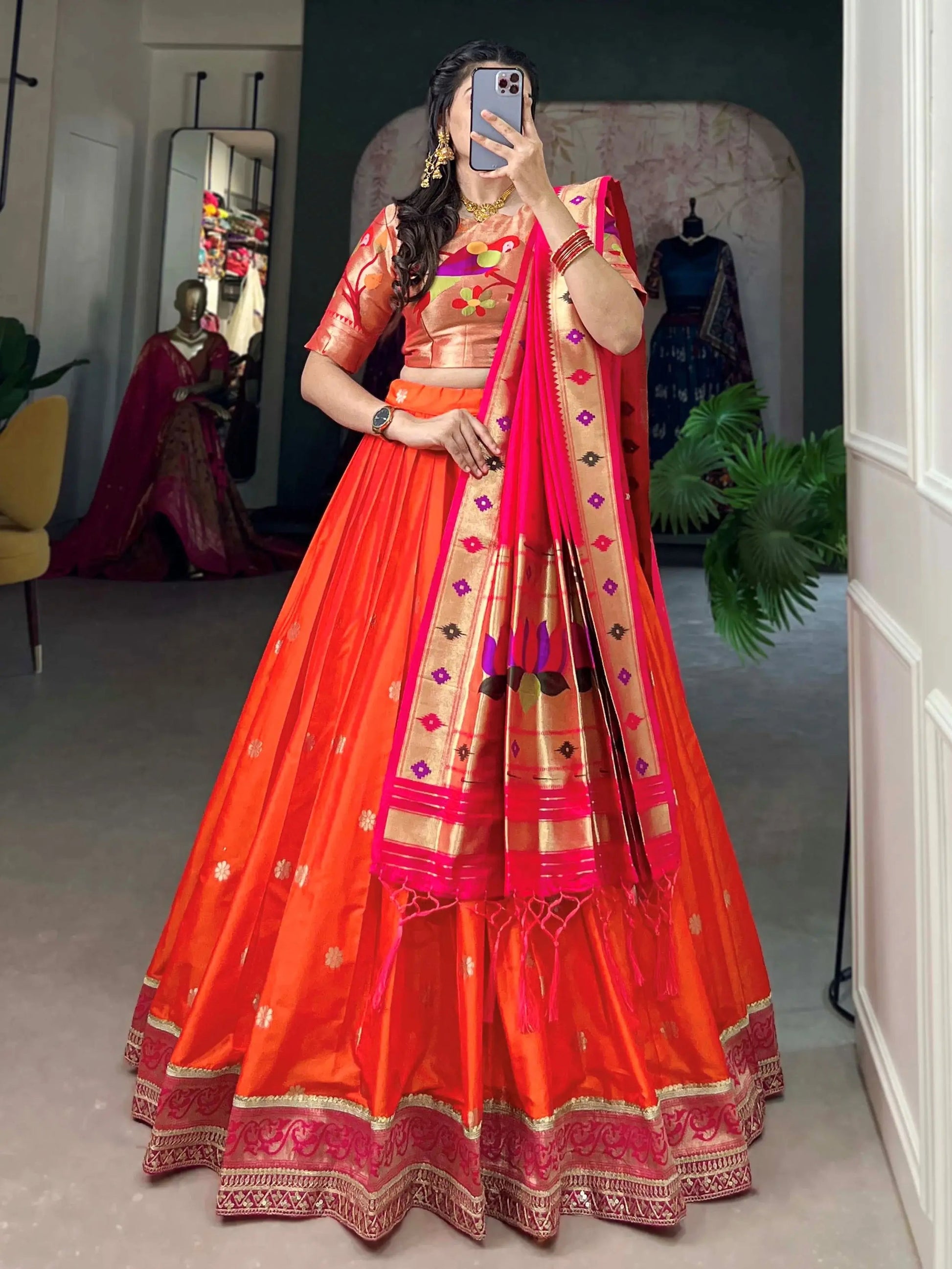 Pretty Orange Zari Weaving Jacquard Festive Wear Lehenga Choli With Dupatta - Zeel Clothing