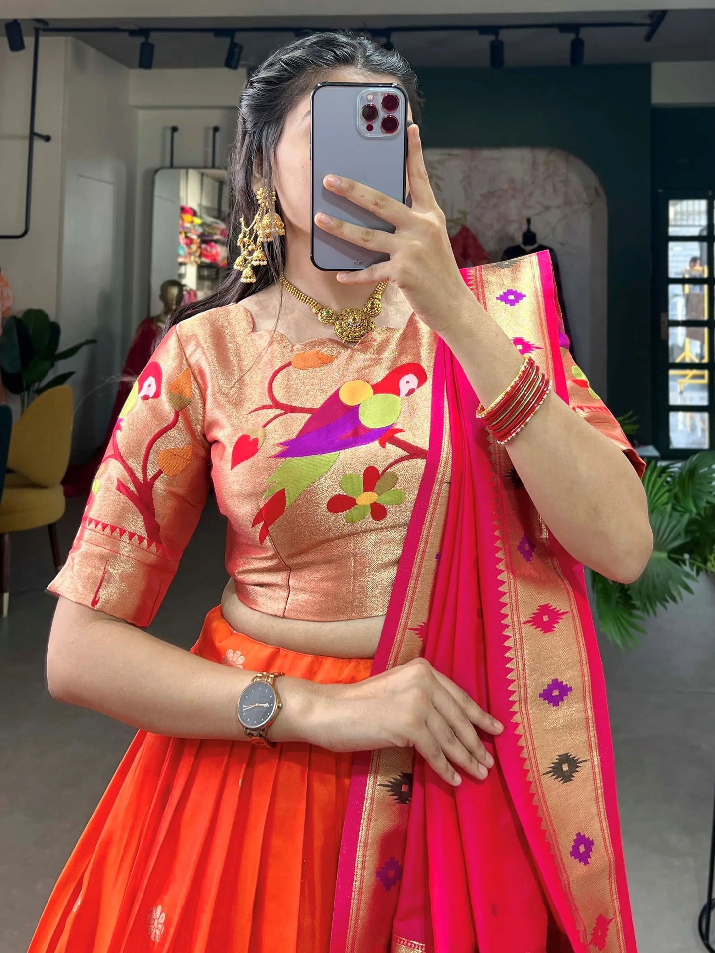 Pretty Orange Zari Weaving Jacquard Festive Wear Lehenga Choli With Dupatta - Zeel Clothing