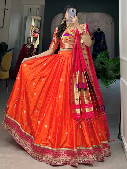 Pretty Orange Zari Weaving Jacquard Festive Wear Lehenga Choli With Dupatta - Zeel Clothing
