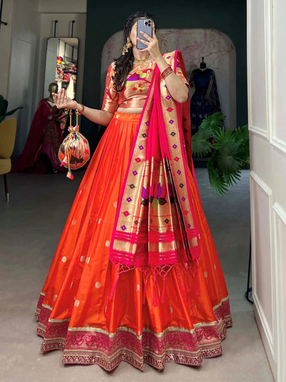 Pretty Orange Zari Weaving Jacquard Festive Wear Lehenga Choli With Dupatta - Zeel Clothing