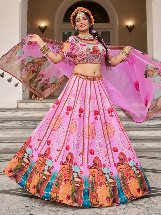 Pretty Pink Printed Art Silk Wedding Wear Lehenga Choli - Zeel Clothing