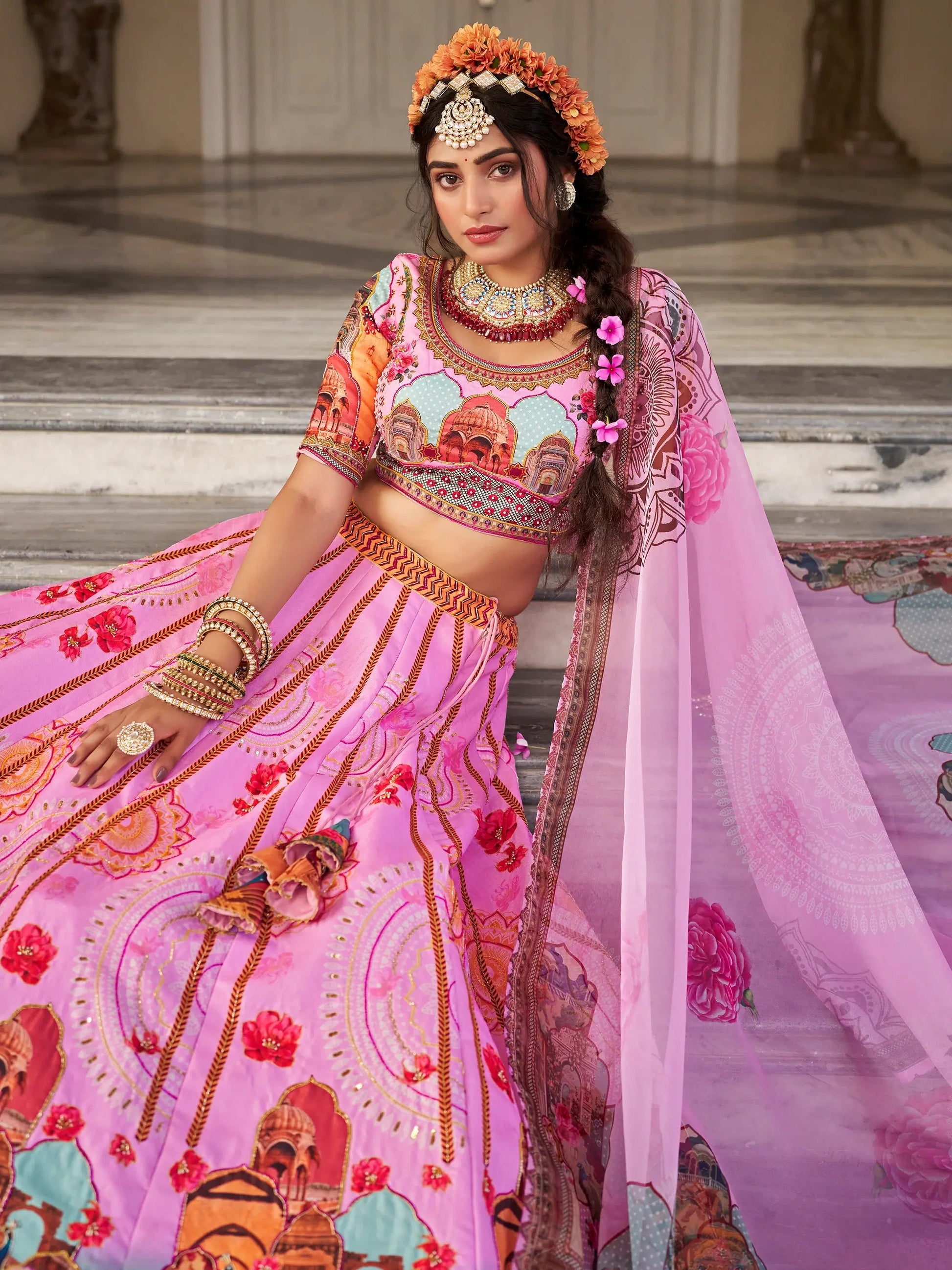 Pretty Pink Printed Art Silk Wedding Wear Lehenga Choli - Zeel Clothing