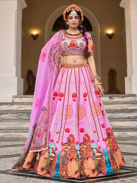 Pretty Pink Printed Art Silk Wedding Wear Lehenga Choli - Zeel Clothing