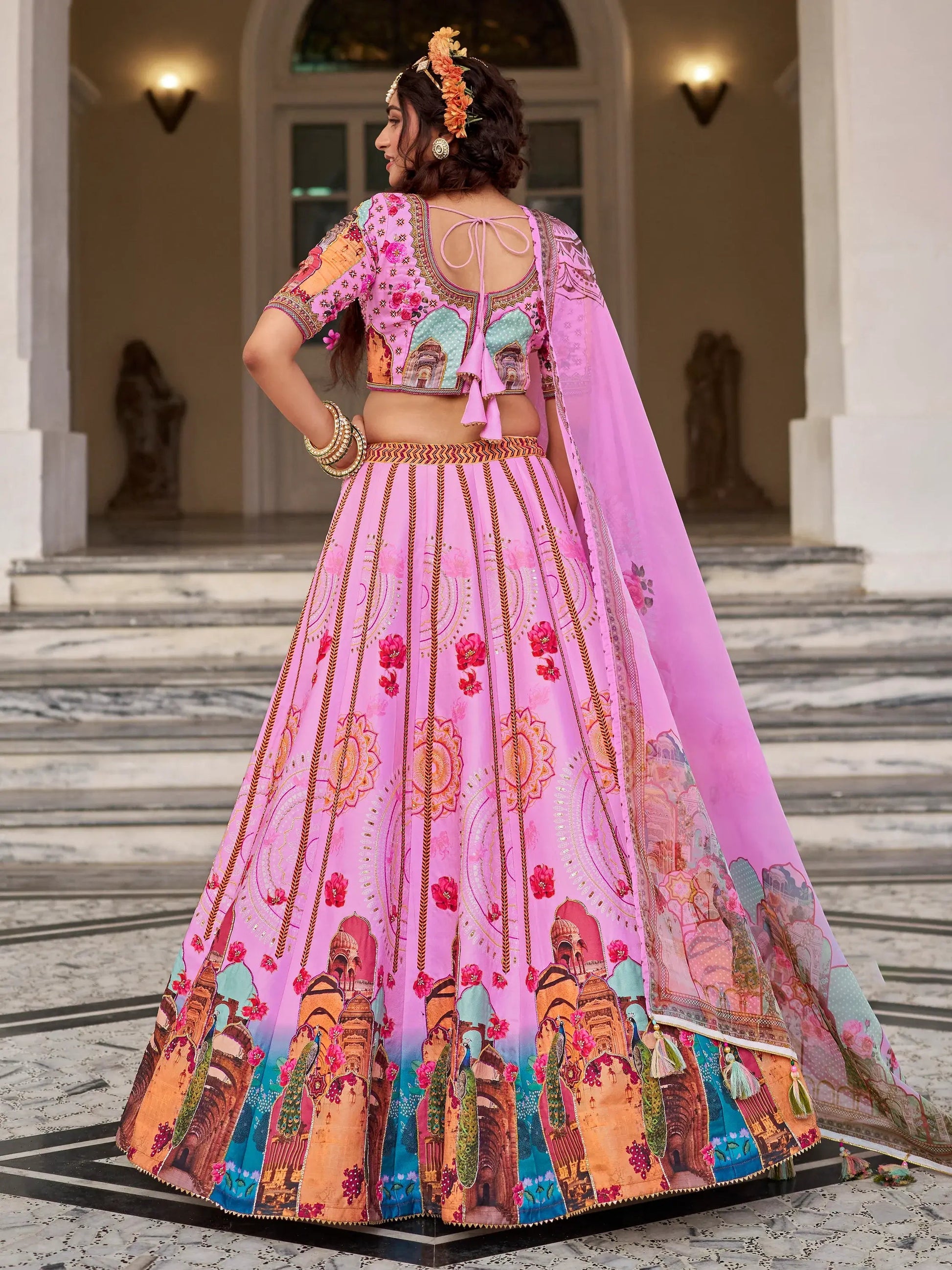 Pretty Pink Printed Art Silk Wedding Wear Lehenga Choli - Zeel Clothing