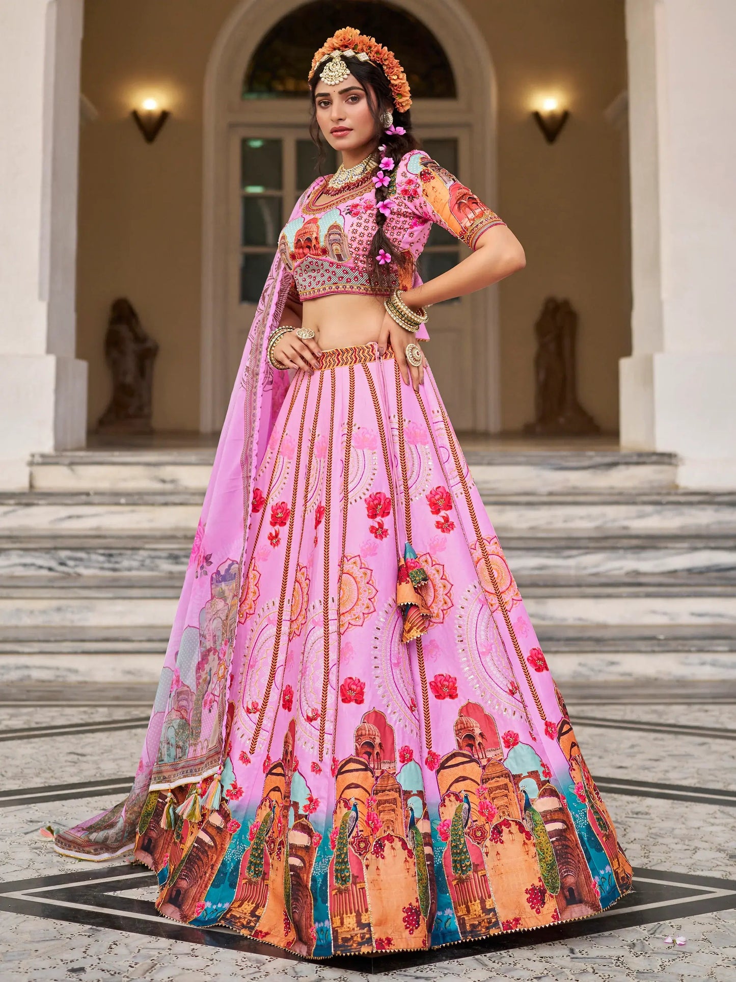 Pretty Pink Printed Art Silk Wedding Wear Lehenga Choli - Zeel Clothing