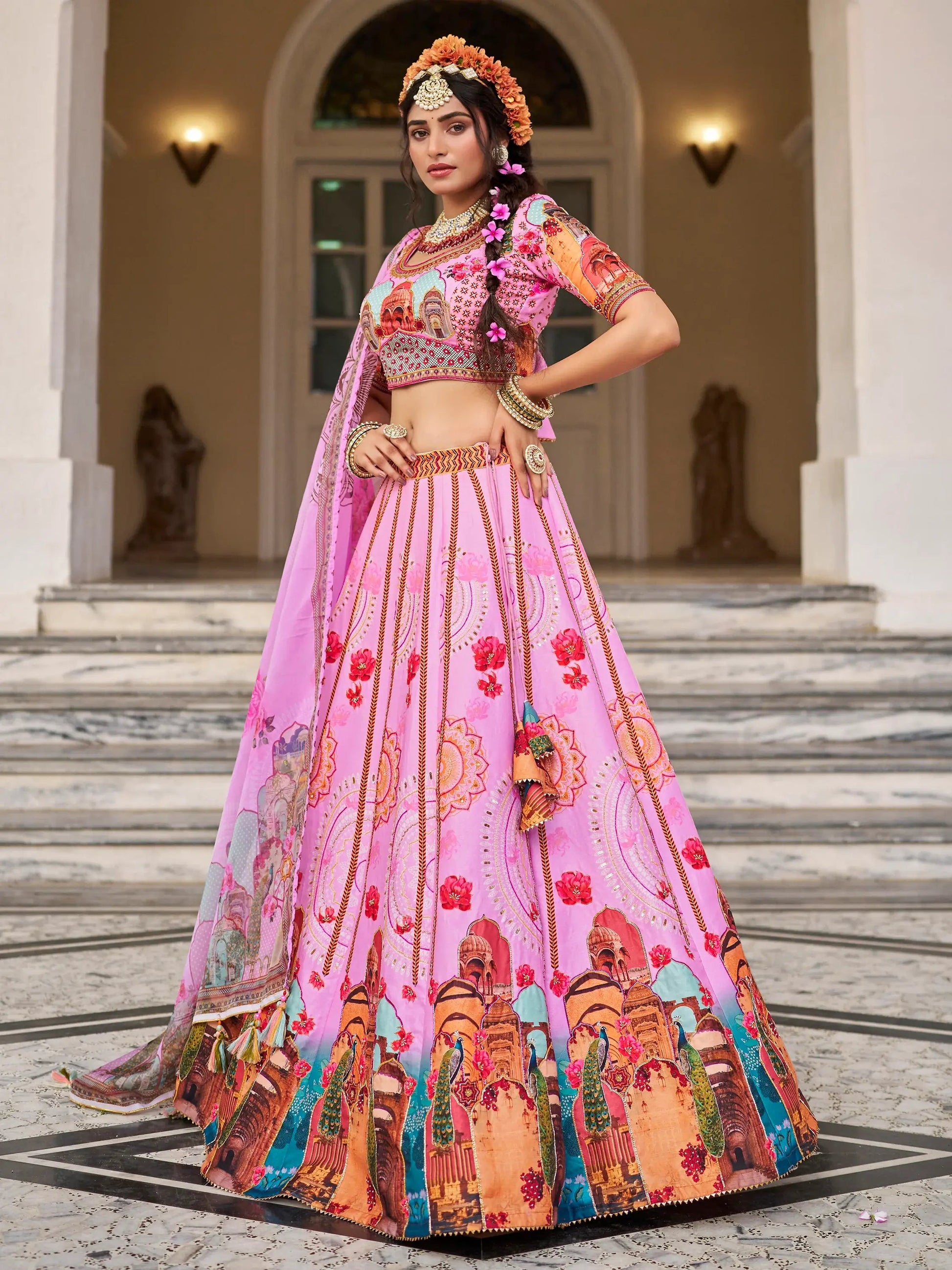Pretty Pink Printed Art Silk Wedding Wear Lehenga Choli - Zeel Clothing