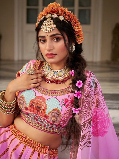 Pretty Pink Printed Art Silk Wedding Wear Lehenga Choli - Zeel Clothing