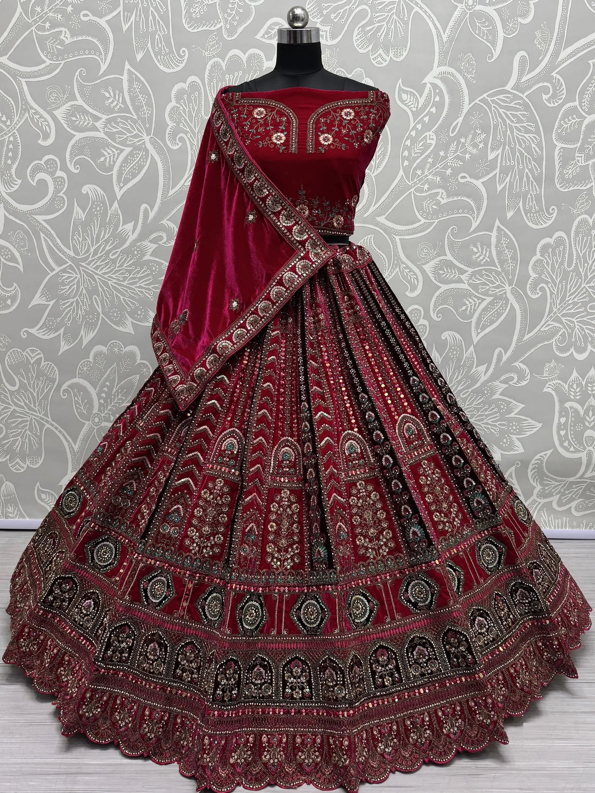 Pretty Pink Thread Work Velvet Bridal Lehenga Choli With Double Dupatta - Zeel Clothing
