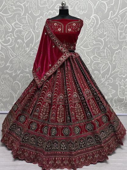Pretty Pink Thread Work Velvet Bridal Lehenga Choli With Double Dupatta - Zeel Clothing