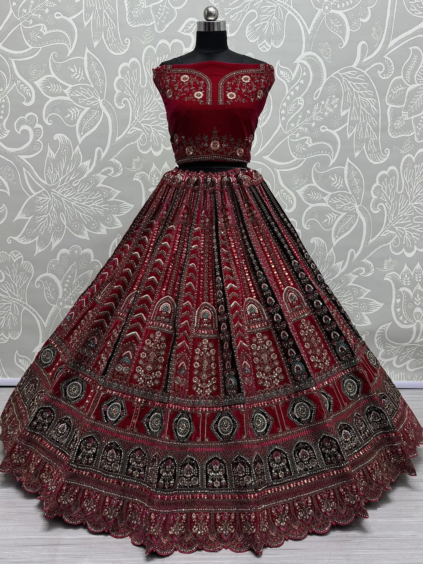 Pretty Pink Thread Work Velvet Bridal Lehenga Choli With Double Dupatta - Zeel Clothing