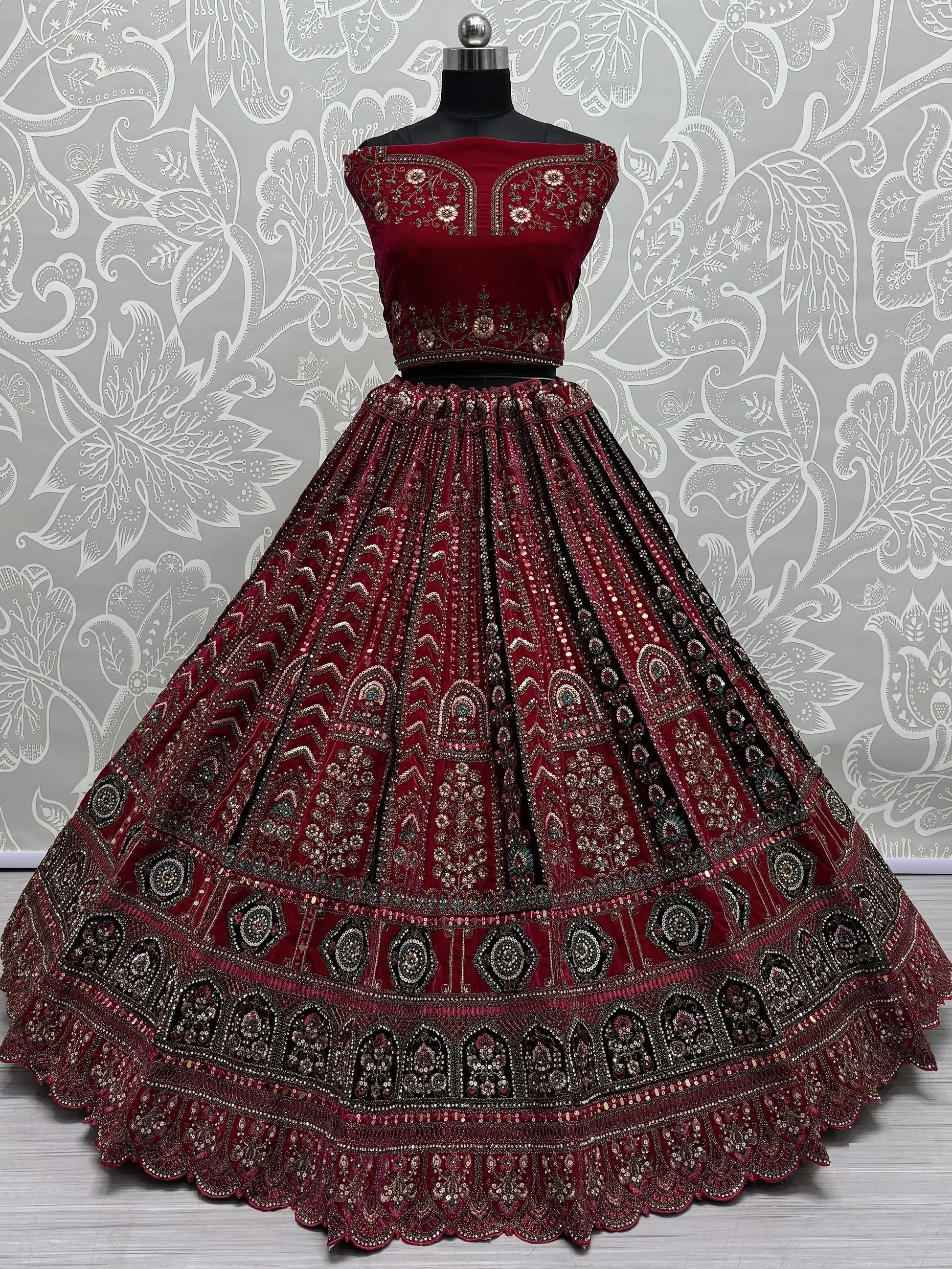 Pretty Pink Thread Work Velvet Bridal Lehenga Choli With Double Dupatta - Zeel Clothing