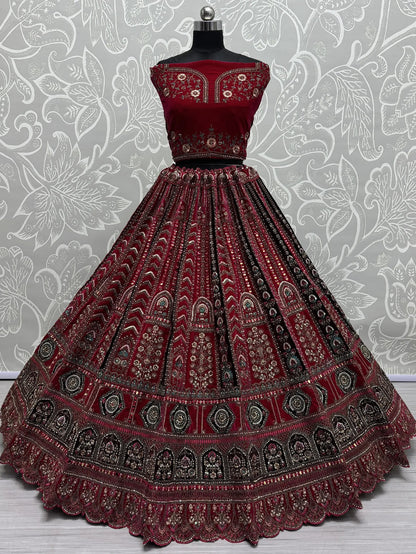 Pretty Pink Thread Work Velvet Bridal Lehenga Choli With Double Dupatta - Zeel Clothing