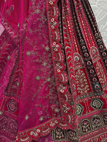 Pretty Pink Thread Work Velvet Bridal Lehenga Choli With Double Dupatta - Zeel Clothing