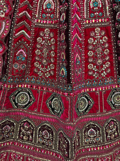 Pretty Pink Thread Work Velvet Bridal Lehenga Choli With Double Dupatta - Zeel Clothing