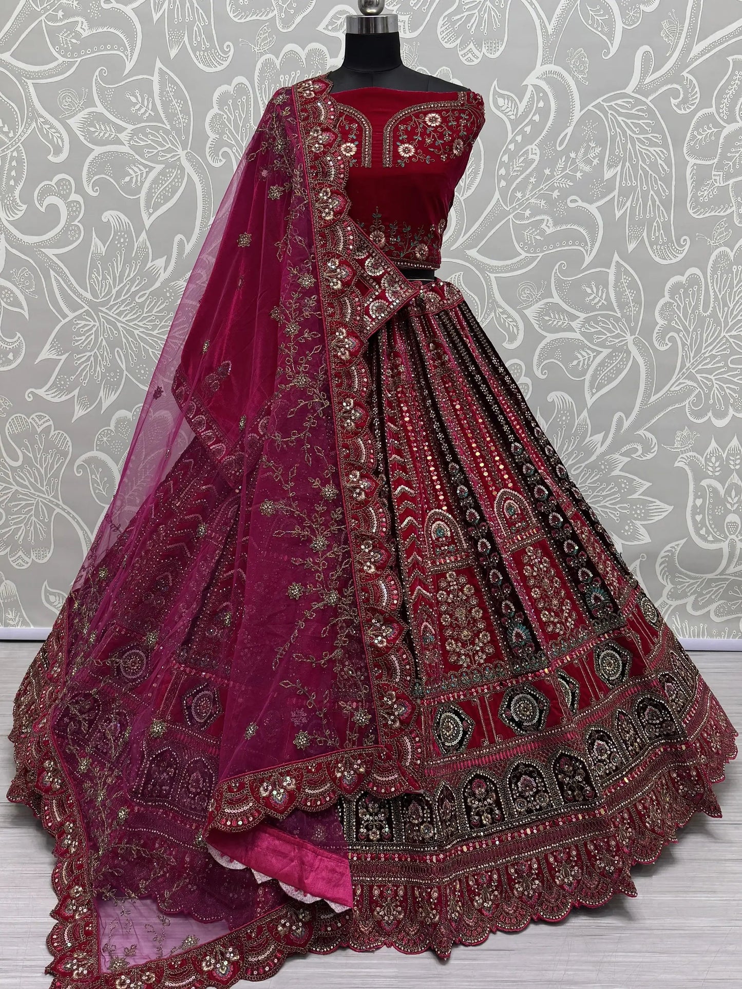 Pretty Pink Thread Work Velvet Bridal Lehenga Choli With Double Dupatta - Zeel Clothing