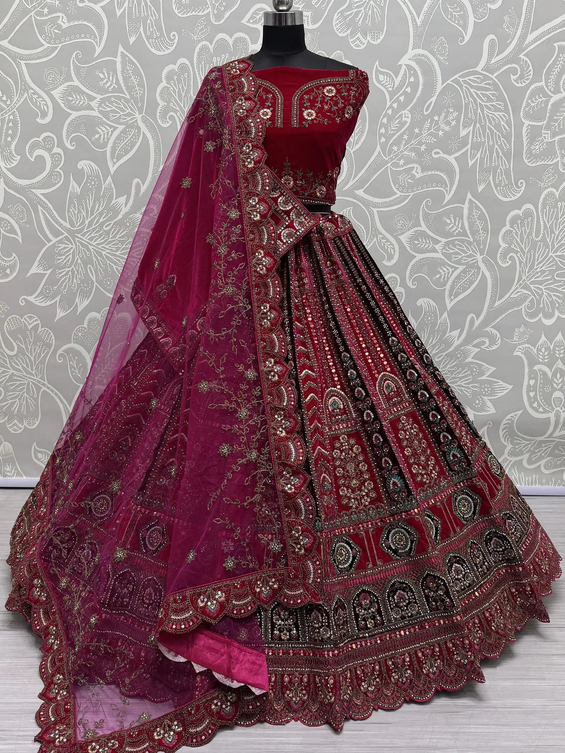 Pretty Pink Thread Work Velvet Bridal Lehenga Choli With Double Dupatta - Zeel Clothing