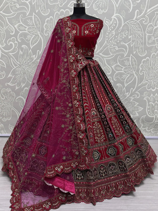 Pretty Pink Thread Work Velvet Bridal Lehenga Choli With Double Dupatta - Zeel Clothing