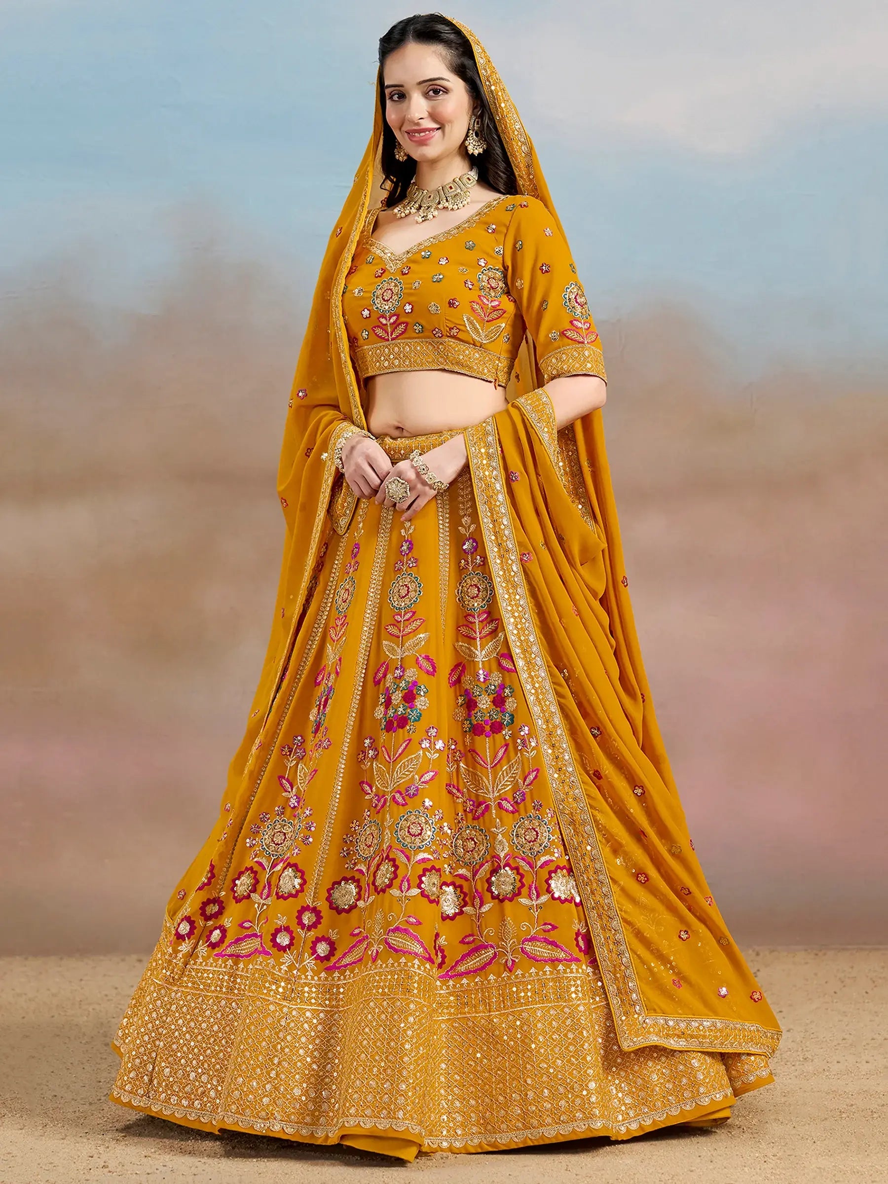 Pretty Yellow Thread Embroidered Georgette Haldi Wear Lehenga Choli - Zeel Clothing